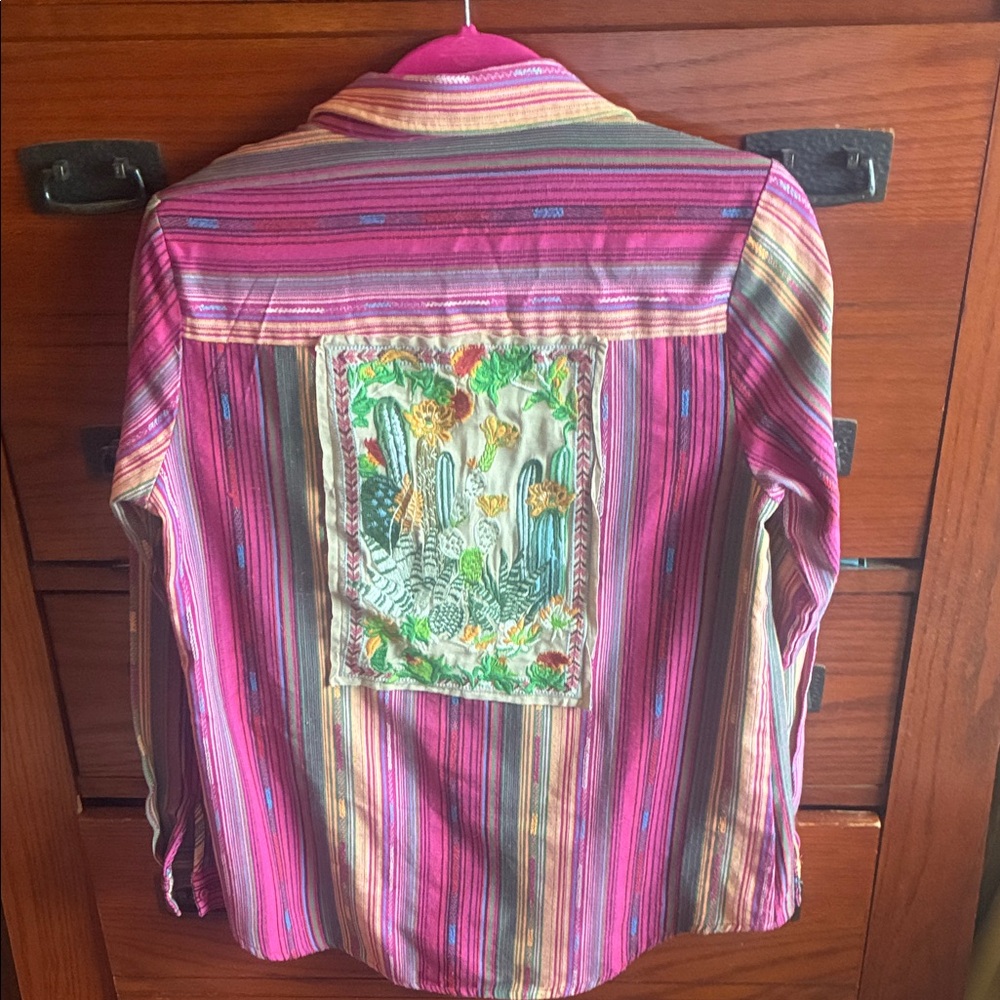Colorful Striped Shirt with Embroidered Patch Cowgirl shirt